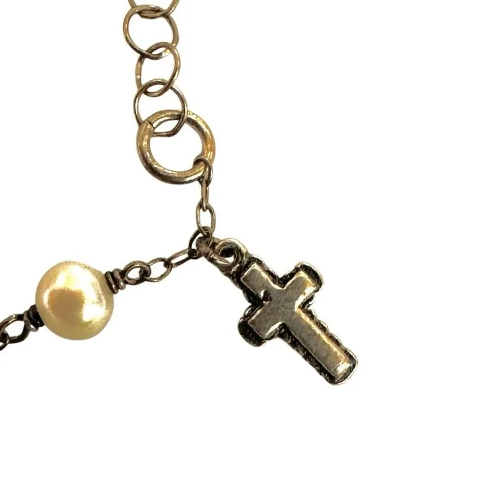 Sterling silver pearl Childs cross charm religious bracelet